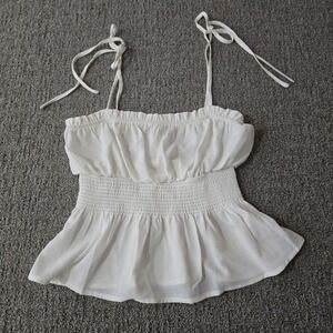 E&M White Smocked Peplum Tie Strap Ruffle Blouse Top Size M Peasant Feminine‎